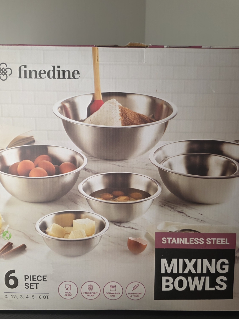 FineDine Stainless Steel Mixing Bowls 6-Piece Set NEW Nesting Bowls